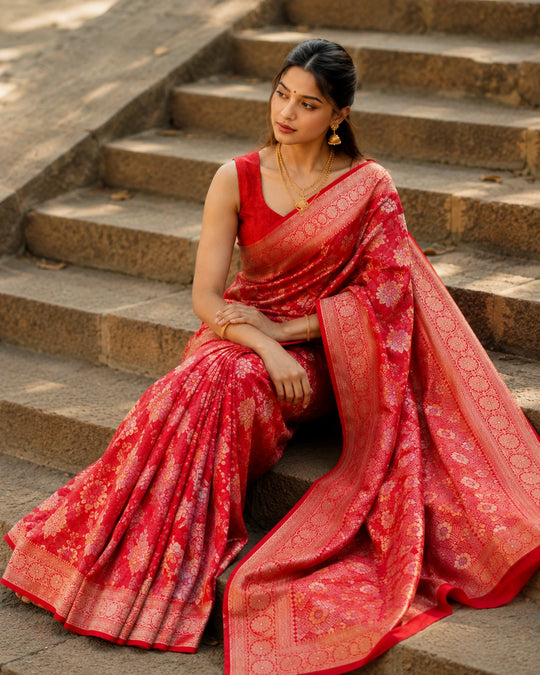 Red Pure Banarasi Saree with Pastel Floral Meenakari Weaving