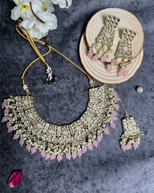 Gold Plated Pink Color Kundan Neclace Set