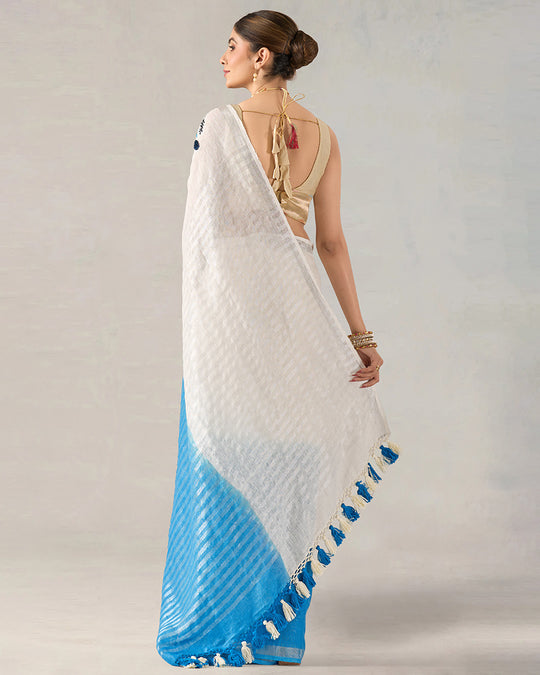 White Tranquil Blue Pure Linen Saree with Floral Blooming Hand Embroidery