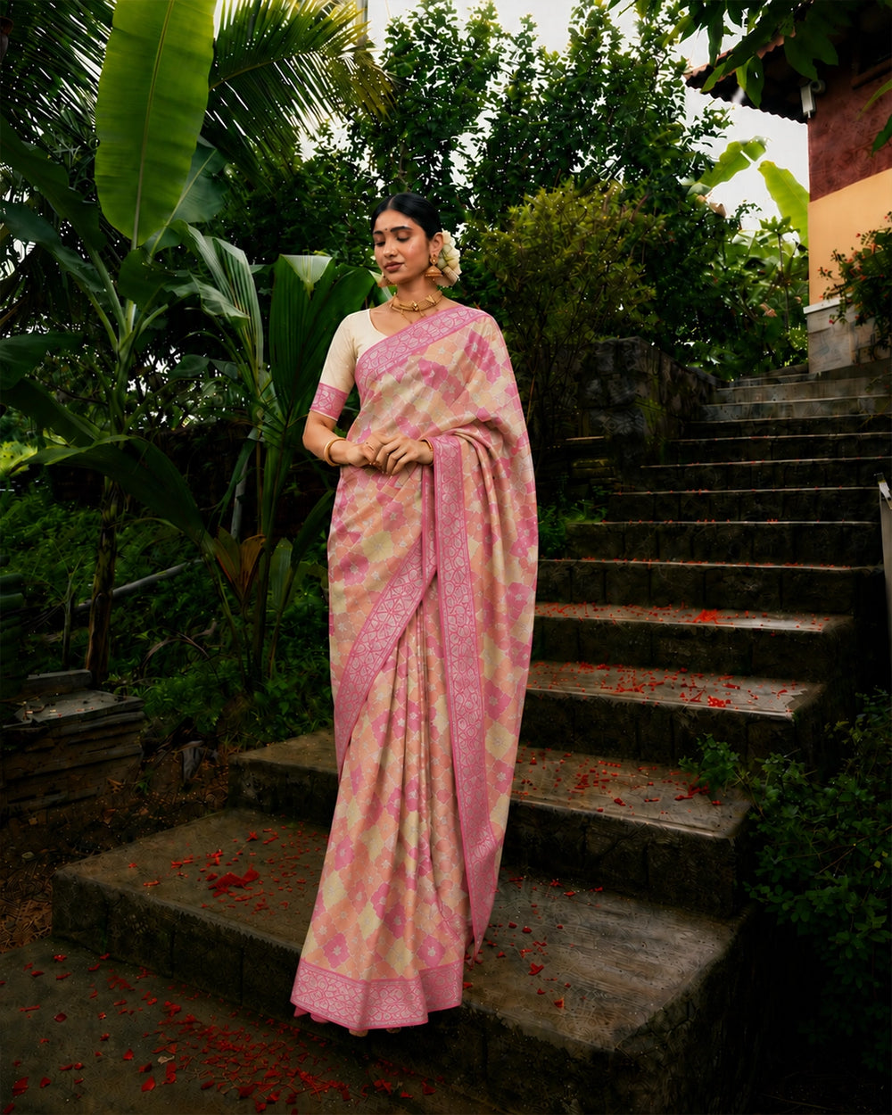 Pastel Rankat Pure Banarasi Silk + Tissue Saree with Floral Mosaic Weaving