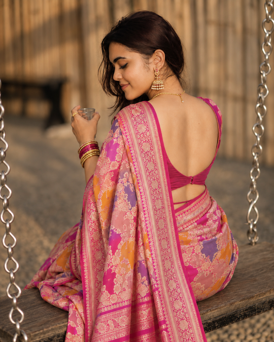 Rani Pink Rangkat Pure Katan Saree with Artistic Multicolor Weaves