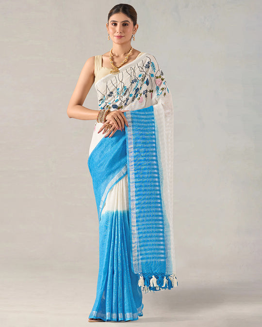 White Tranquil Blue Pure Linen Saree with Floral Blooming Hand Embroidery