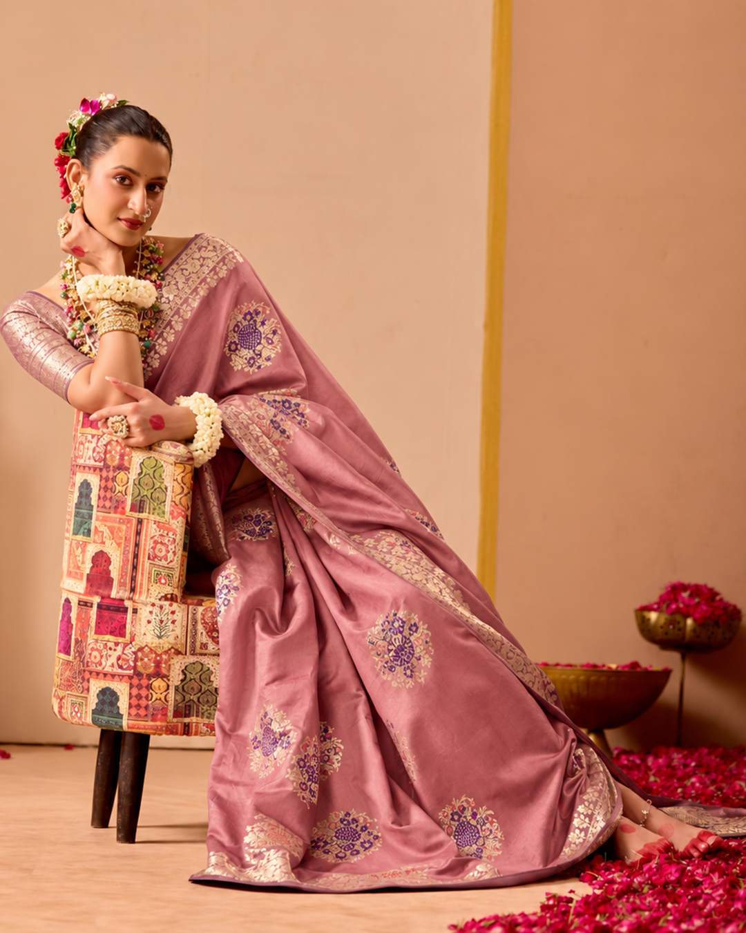 Dusty Rose Pure Banarasi Saree with Floral Meena Weaves