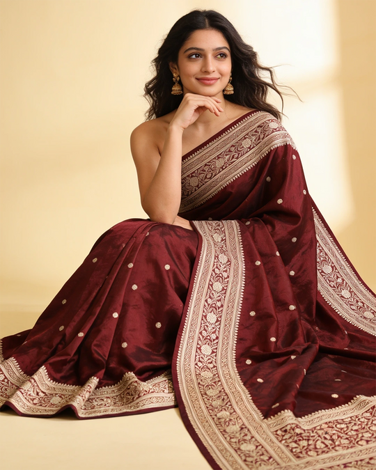 Maroon Pure Katan Saree with Buti Weave and Rich Heritage Border