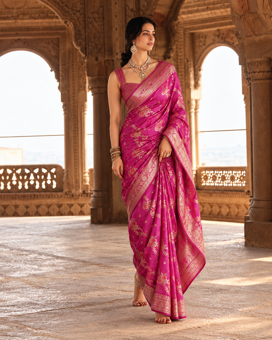 Rani Pink Pure Banarasi Saree with Floral Butidar Weaves