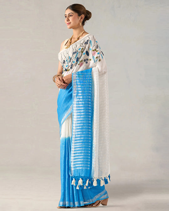 White Tranquil Blue Pure Linen Saree with Floral Blooming Hand Embroidery