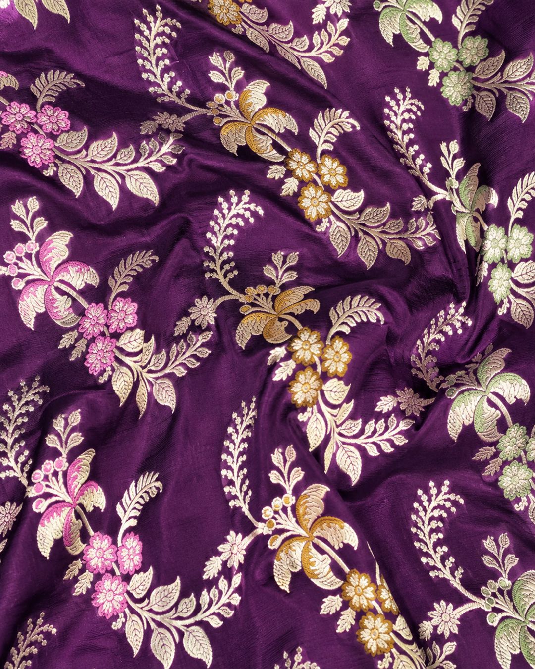 Purple Pure Katan Saree with Detailed Floral Meenakari Weave