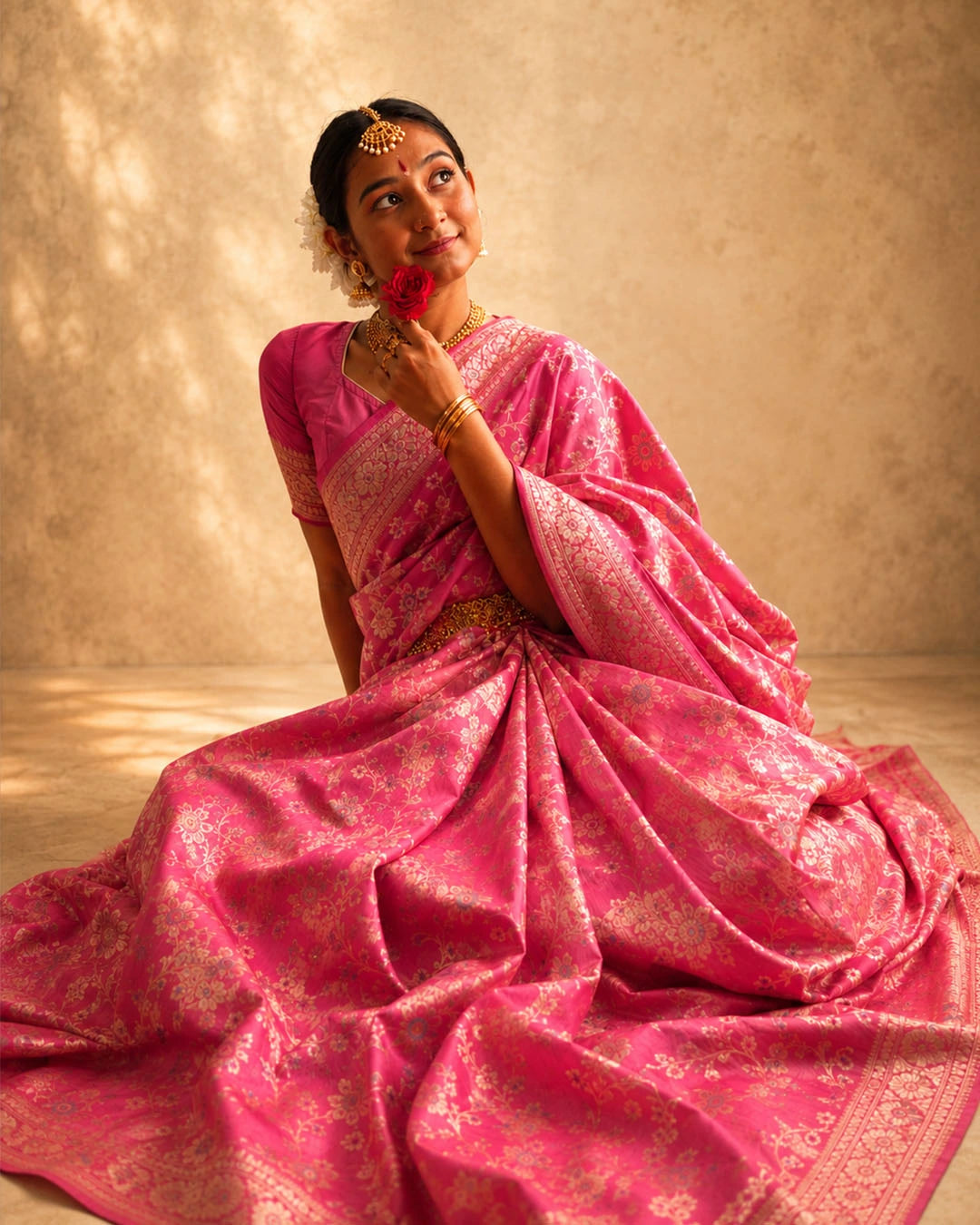Pink Pure Banarasi Saree with Floral Meenakari Trail Weaves