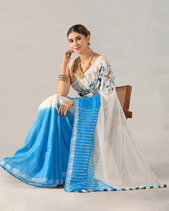 White Tranquil Blue Pure Linen Saree with Floral Blooming Hand Embroidery