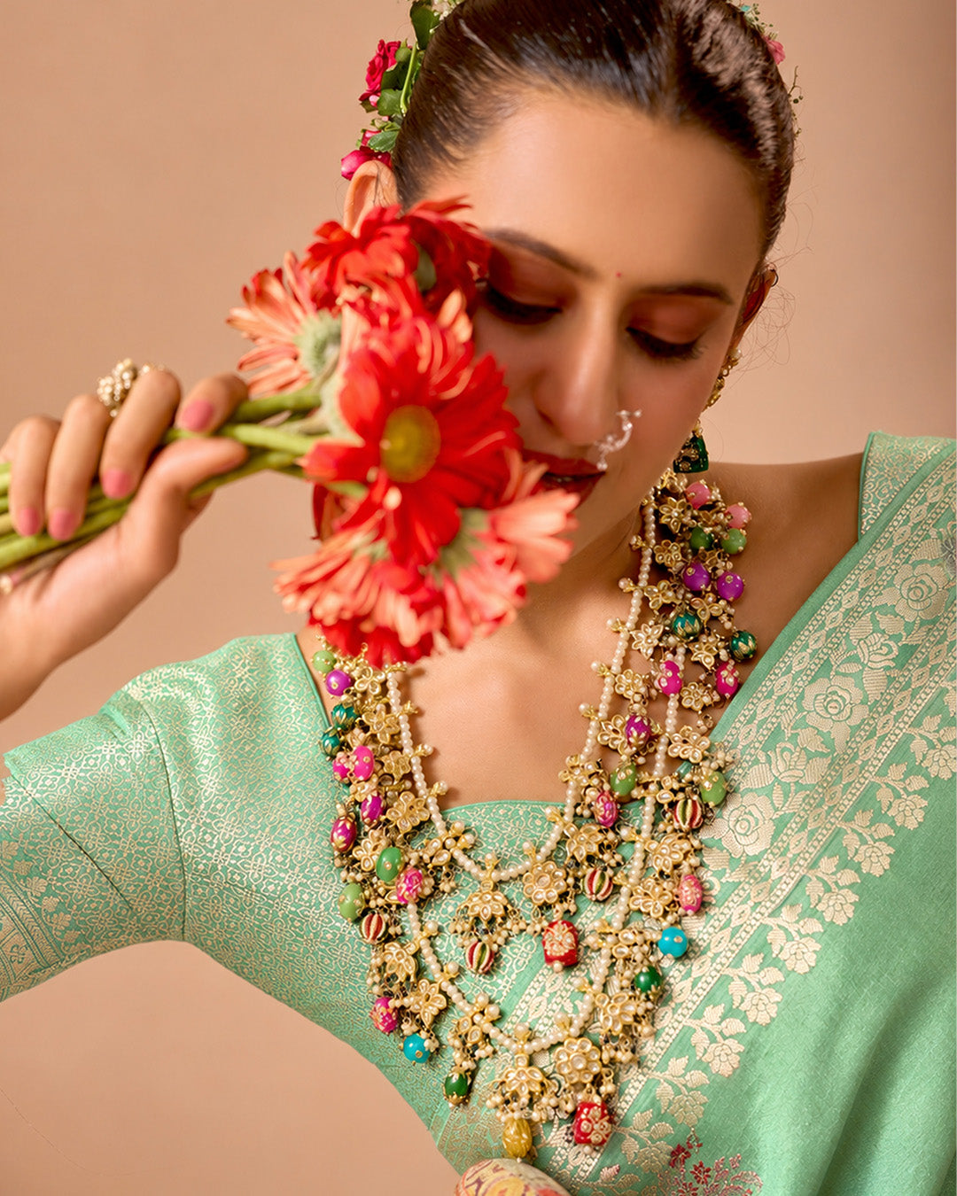 Celadon Pure Banarasi Silk Saree with Graceful Meenakari Floral Weaving