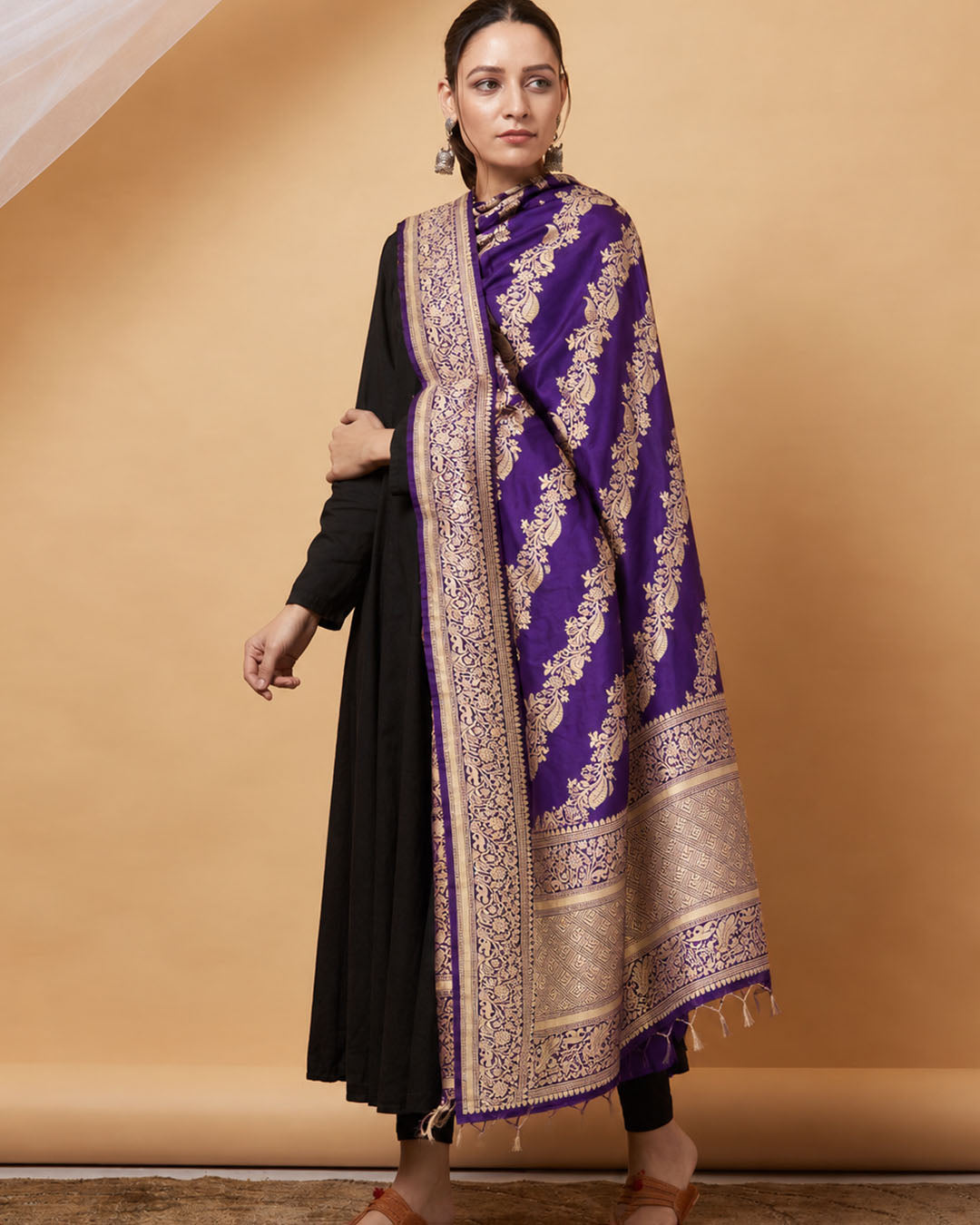 Purple Pure Katan Dupatta with Diagonal Floral Zari Bel Weaving