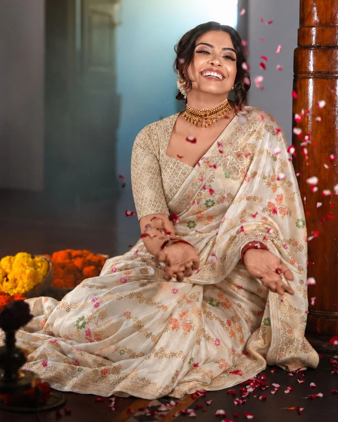 Cream Pure Banarasi Saree with Multicolour Floral Butidar Weaves