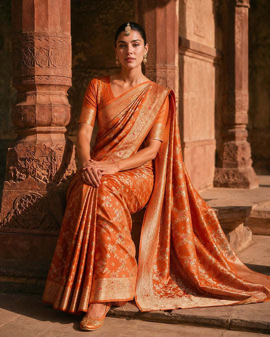Orange Pure Banarasi Saree with Floral Jaal and Vibrant Meenakari Weaves