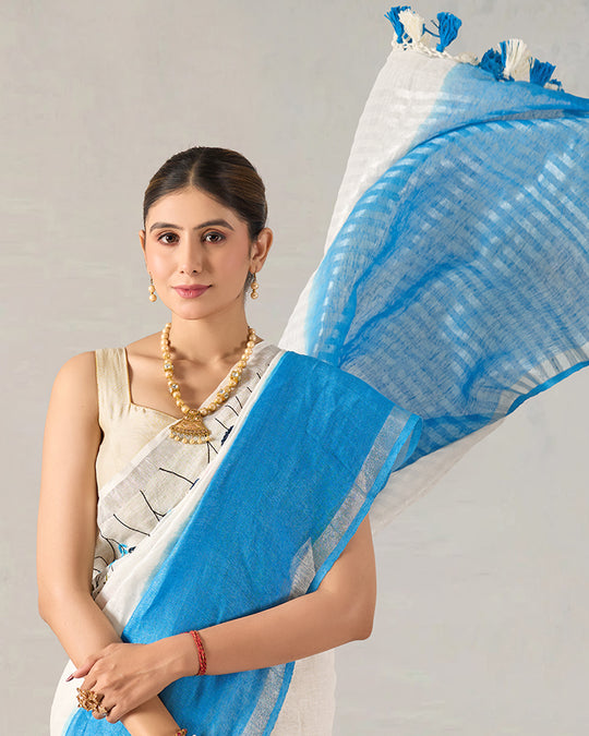 White Tranquil Blue Pure Linen Saree with Floral Blooming Hand Embroidery