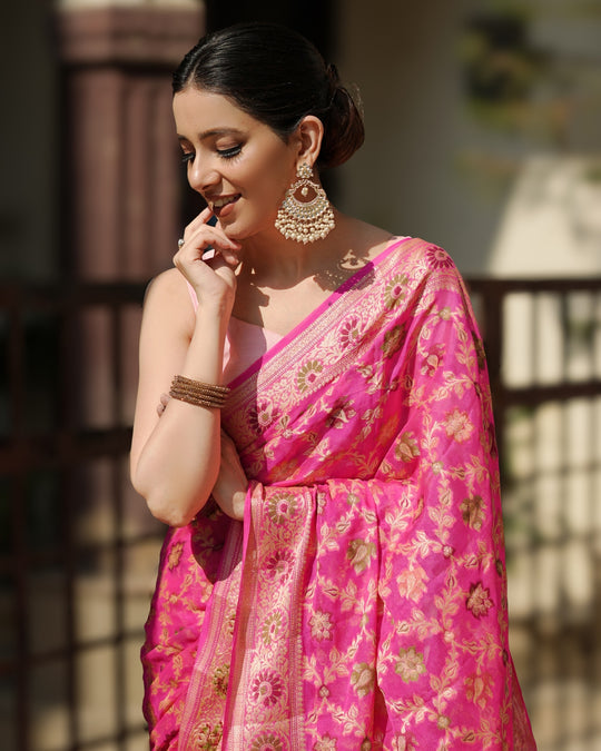 Eternal Pink Ocean Tones Pure Chiffon Saree with Opulent Floral Embellishments