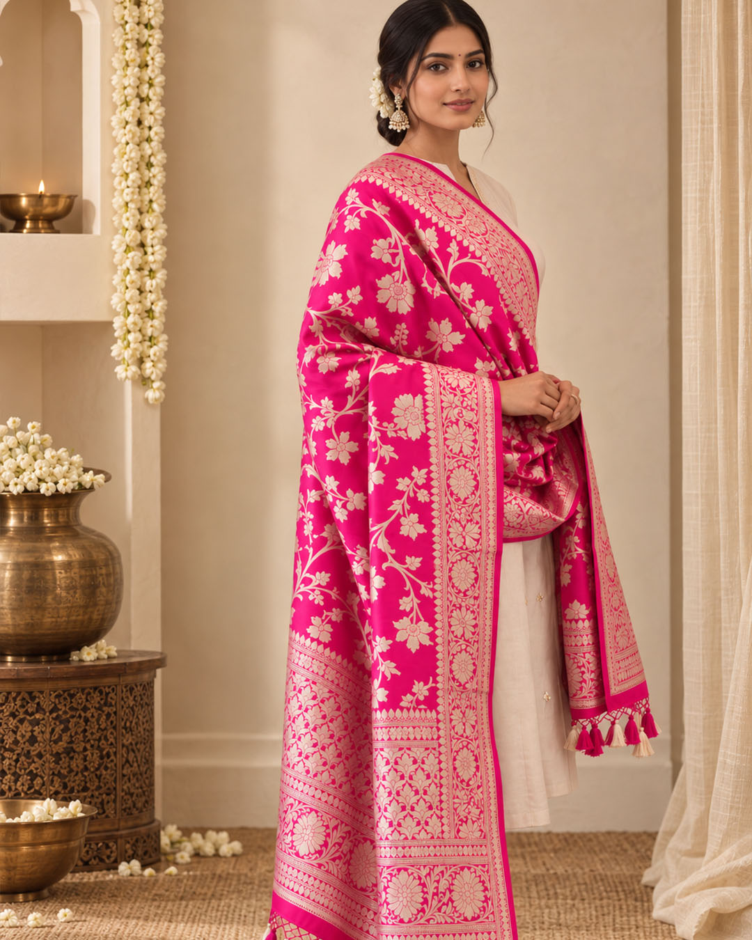 Rani Pink Pure Katan Dupatta with Floral Jaal Weaves