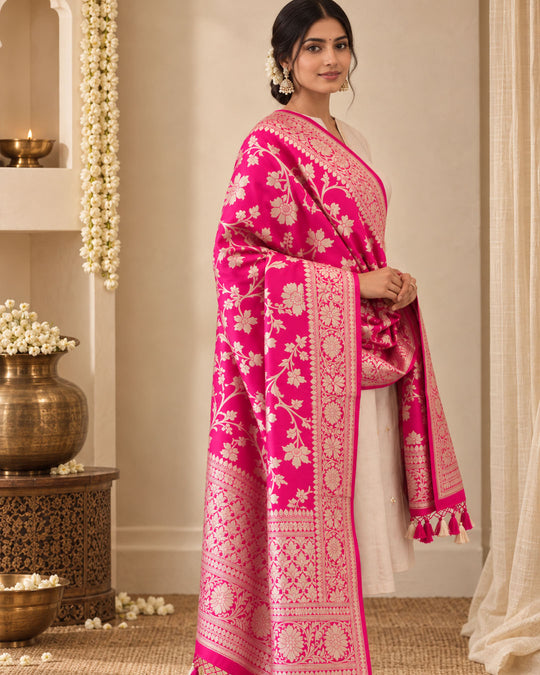 Rani Pink Pure Katan Dupatta with Floral Jaal Weaves