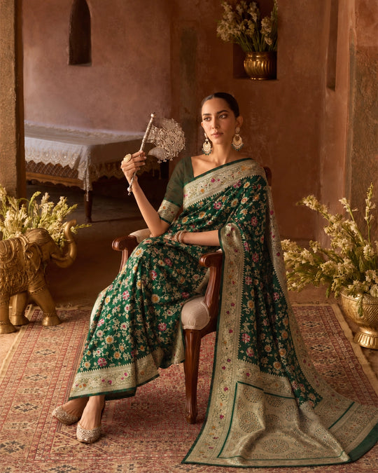 Green Pure Katan Saree with Meenakari Blooming Floral Jaal
