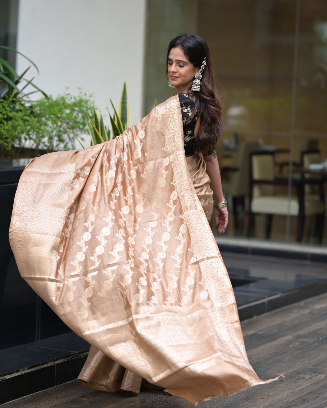 Brown Banarasi Handloom Saree With Handwoven Floral Jaal