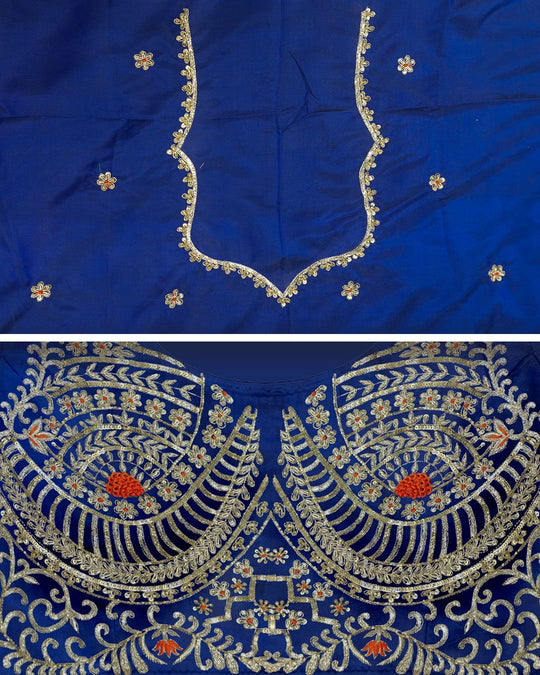 Blue Pure Katan Saree with Zardozi Hand - Embroidered Blouse - katansi