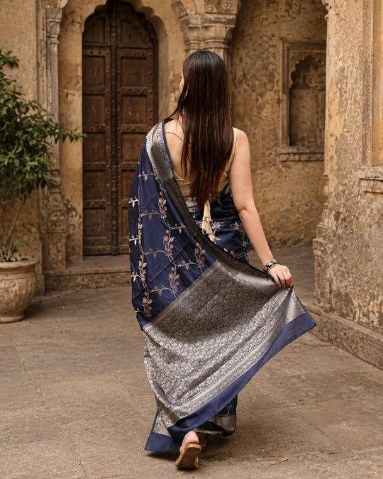 Blue Pure Banarasi Saree with Floral Meenakari Zari Weaving