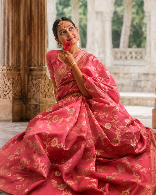 Pink Pure Banarasi Saree with Floral Meenakari Trail Weaves