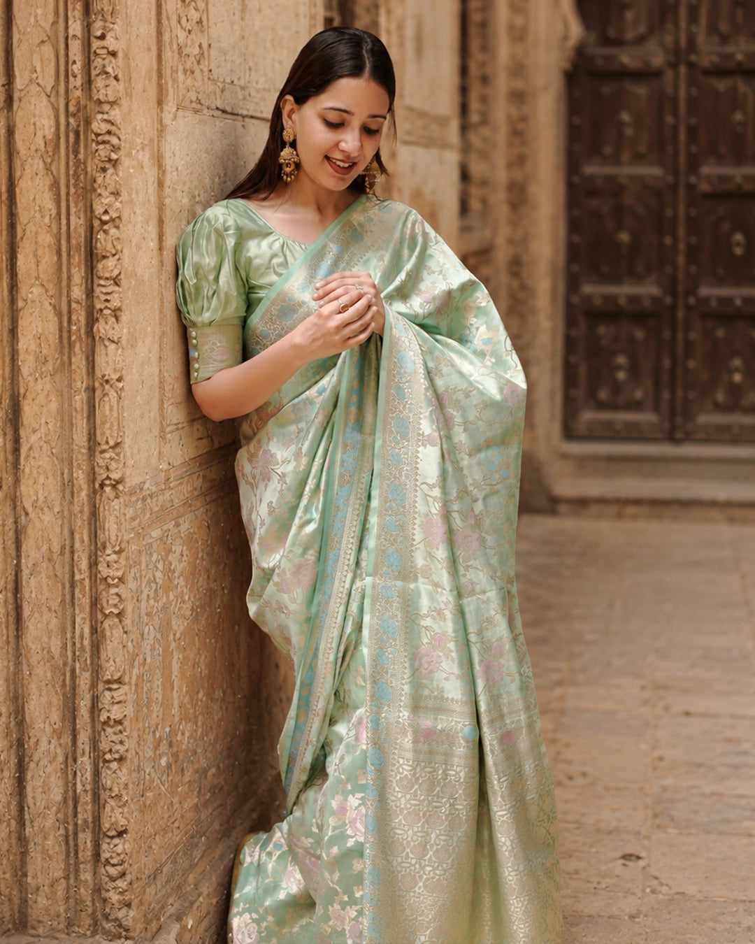 Light Green Pure Banarasi Saree with Multicolour Floral Meenakari Weaving
