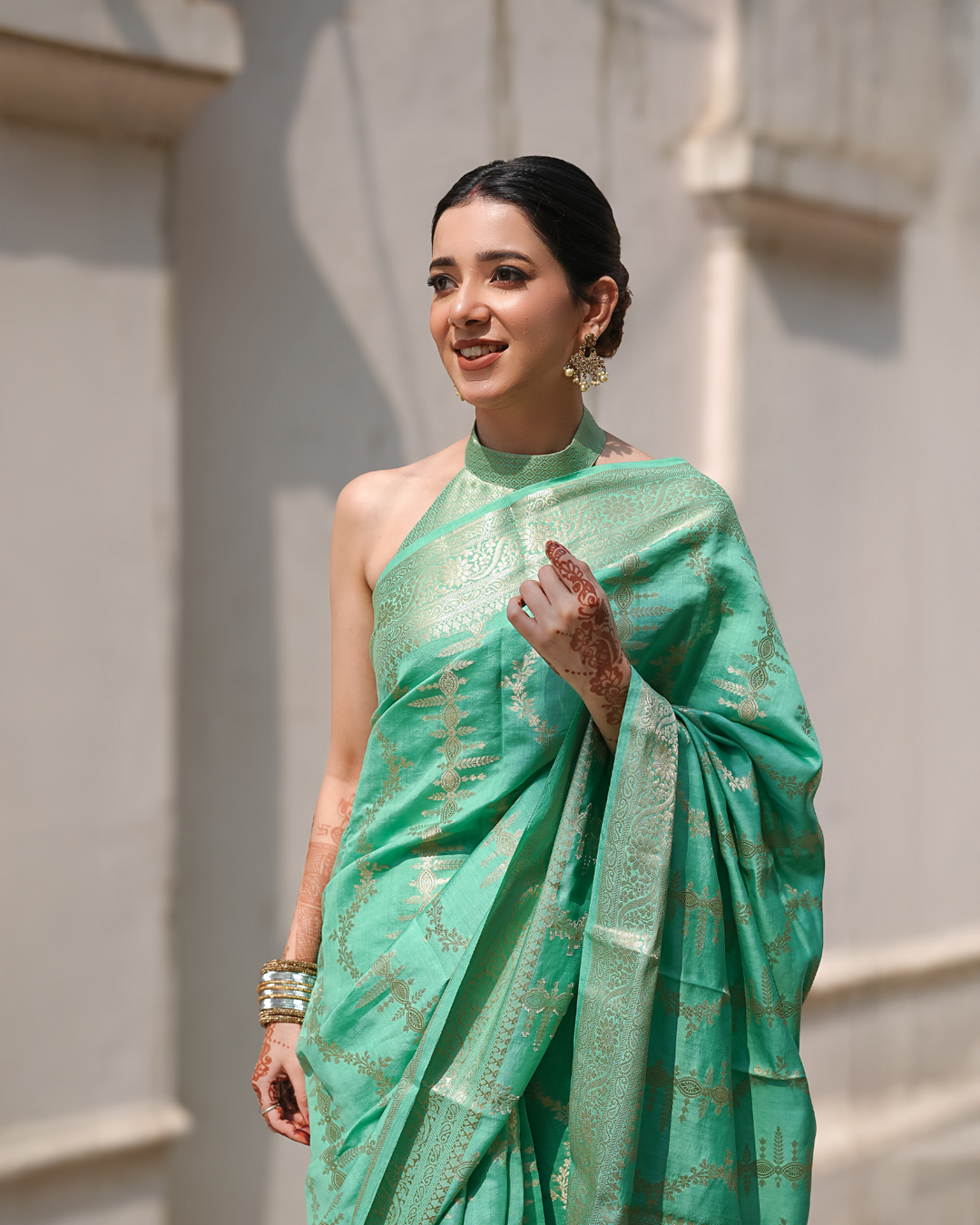 Opulent Mint Green Banarasi Silk Saree Adorned with Regal Blooming Zari and Ethereal Brocade Accents