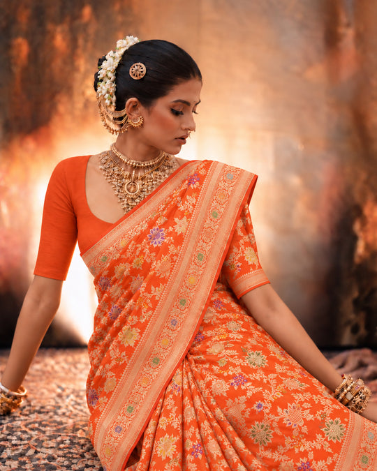 Orange Pure Katan Saree With Meenakari Weaves