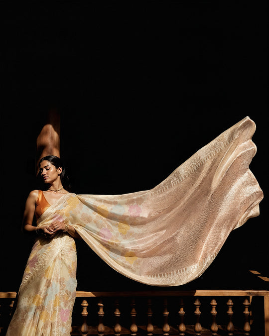 Ivory Cream Rangkat Pure Banarasi with Pastel Floral Meenakari Jaal Weaving