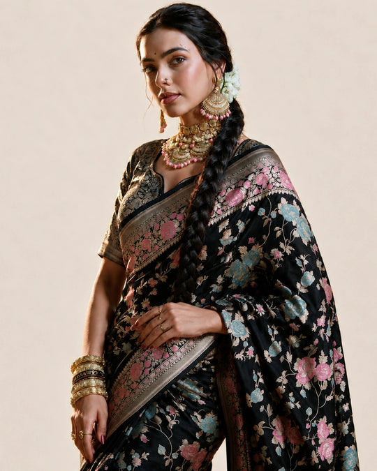 Black Pure Katan Saree with Legacy Meenakari Floral Craftsmanship