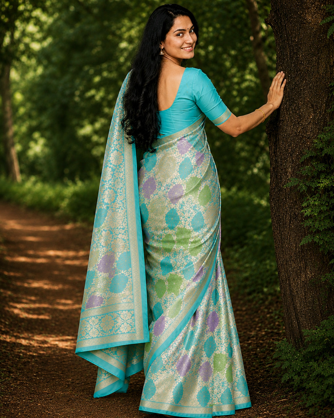 Aqua Turquoise Pure Katan Saree with Multicolour Rangkat Floral Jaal Weaving