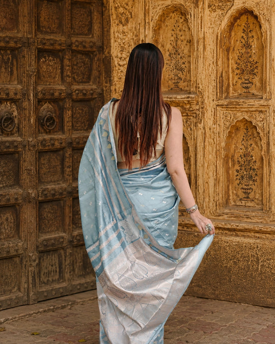 Greyish Ice Blue Pure Banarasi Saree with Delicate Zari Motifs Weaves