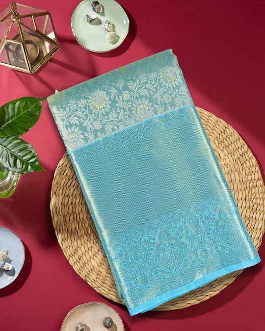 Turquoise Blue Pure Kanjivaram Saree with Rich Woven Floral Jaal - katansi