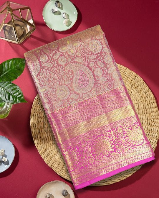 Onion Pink Pure Kanjivaram Saree with Shimmering Paisley Jaal Weaves - katansi