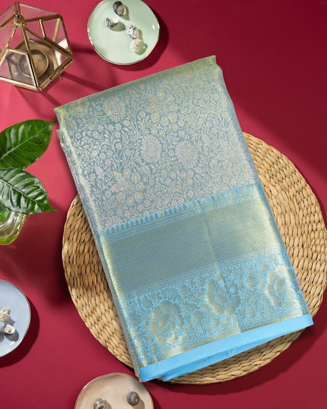 Cyan Blue Pure Kanjivaram Saree with Floral Jaal Weaves - katansi