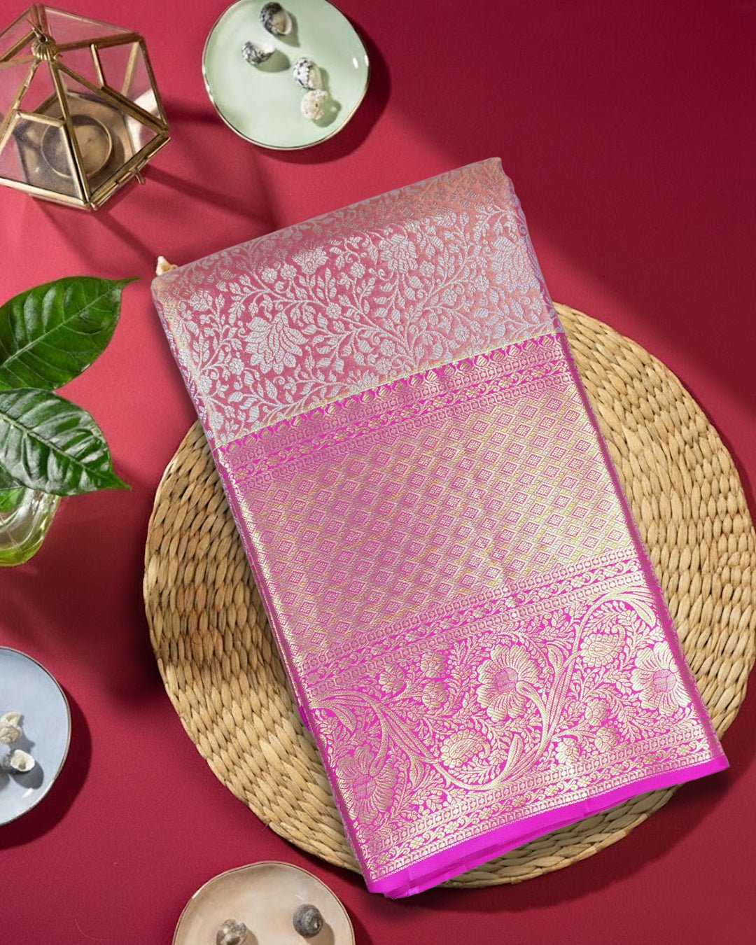 Magenta Pink Pure Kanjivaram Saree with Heritage Floral Jaal - katansi