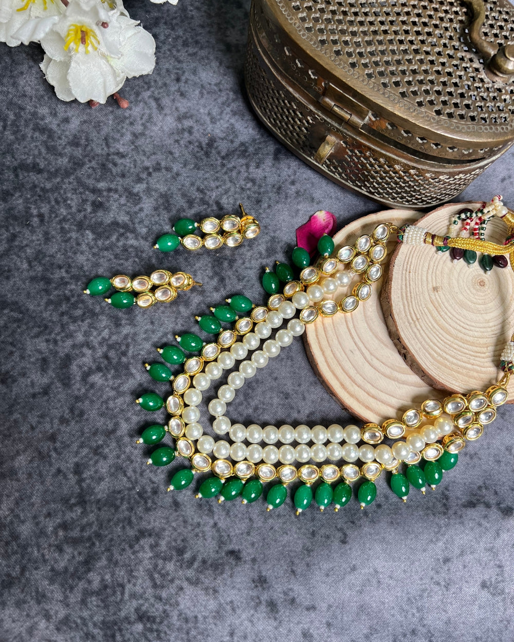 Pearl Layered Green Color Necklace Set