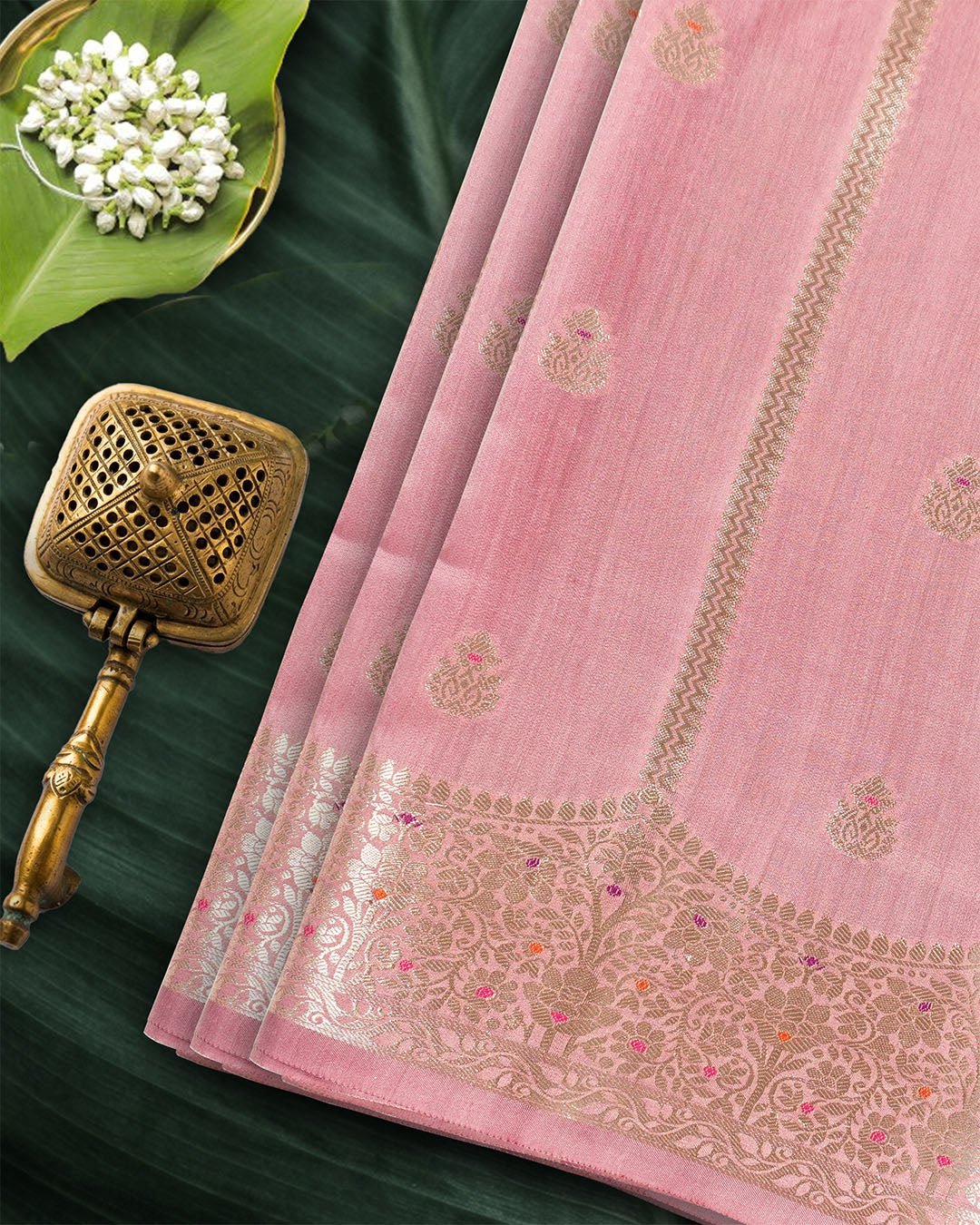 Pink Pure Banarasi Saree with Gold Buti and Ornate Meenakari Border - katansi