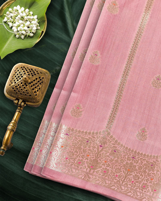 Pink Pure Banarasi Saree with Gold Buti and Ornate Meenakari Border - katansi