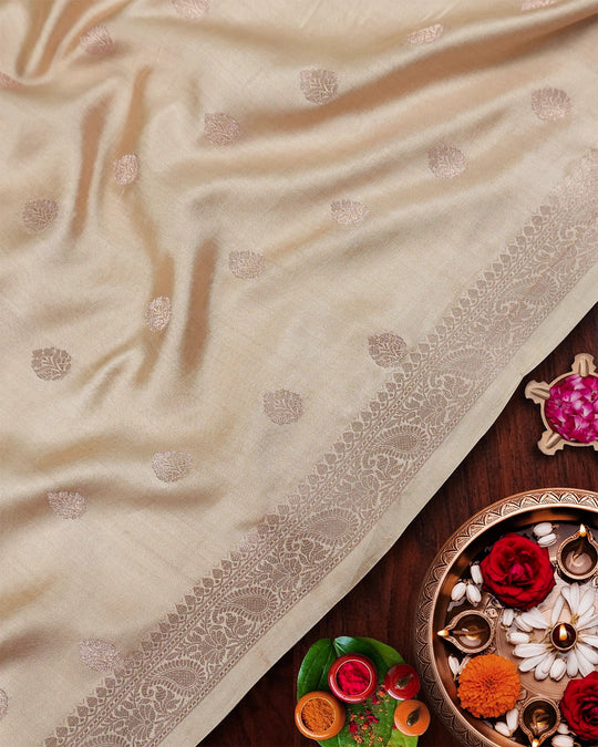Cream Pure Banarasi Saree with Minimal Butidar Zari Weaving