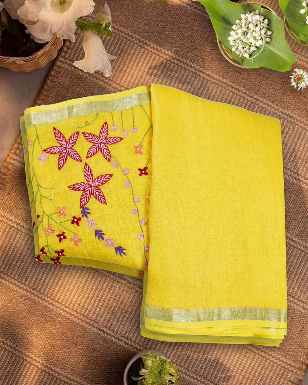 Yellow Pure Linen Saree with Artisan Hand Threadwork Floral Embroidery