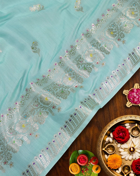 Pale Turquoise Pure Banarasi Saree with Butidar Motifs and Meenakari Border