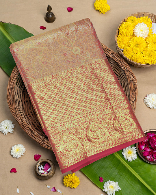 Pink Pure Kanjivaram Saree with Zari Weaves and Paisley Border