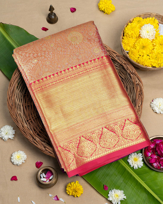 Peach Coral Pure Kanjivaram Saree with Floral Weaves