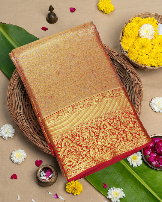 Coral Pure Kanjivaram Saree with Ornate Paisley Border Weaves