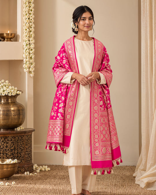 Rani Pink Pure Katan Dupatta with Floral Jaal Weaves