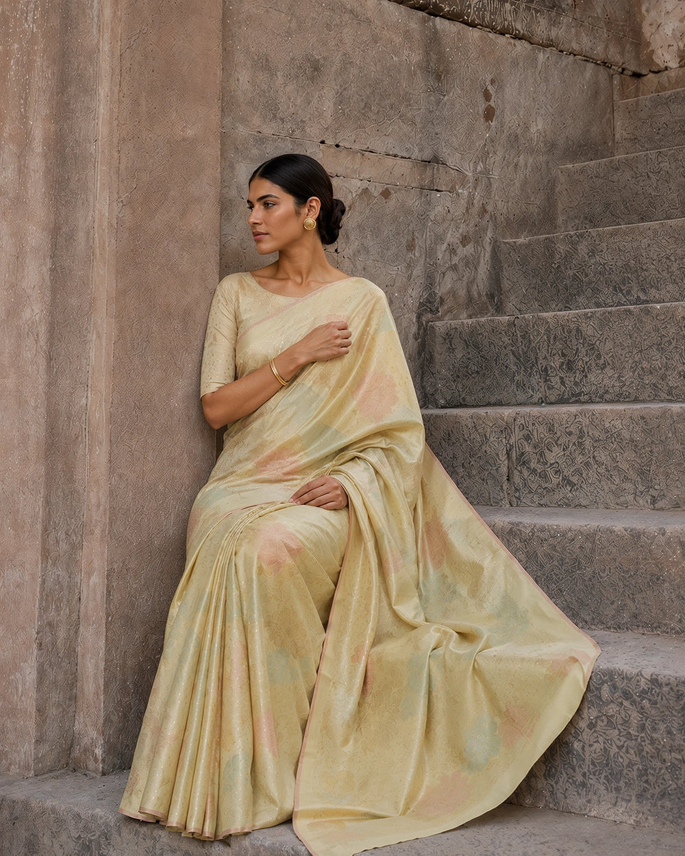 Ivory Cream Rangkat Pure Banarasi with Pastel Floral Meenakari Jaal Weaving