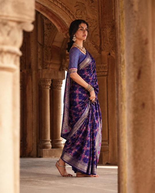 Deep Blue Pure Banarasi Saree with Diamond Floral Jaal Weaves