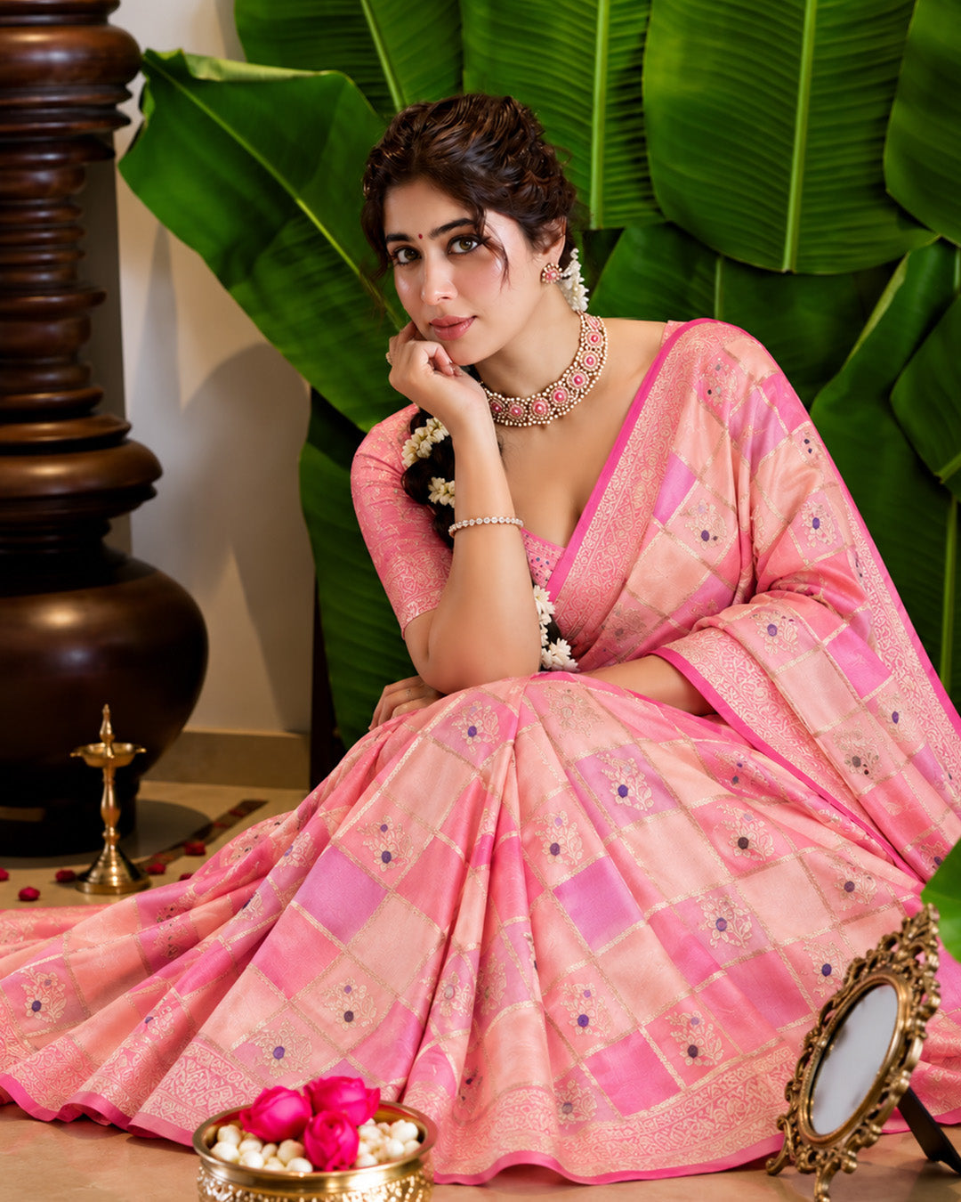 Pastel Rangkat Pure Banarasi Saree with Checkered Meenakari Floral Weaves